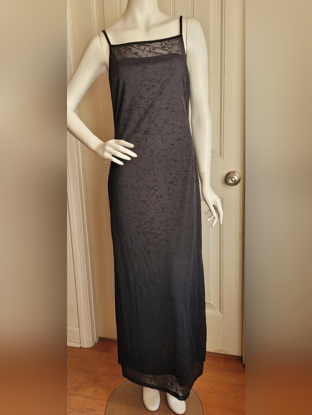 Vintage 90s Black Maxi Velvet And Mesh Slip Dress with Sheer Yoke M